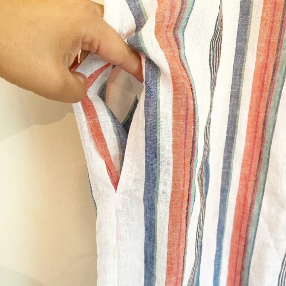 Chelsea & Theodore Short Double Ruffle Sleeve V-Neck Striped Linen Dress - Picture 8 of 9